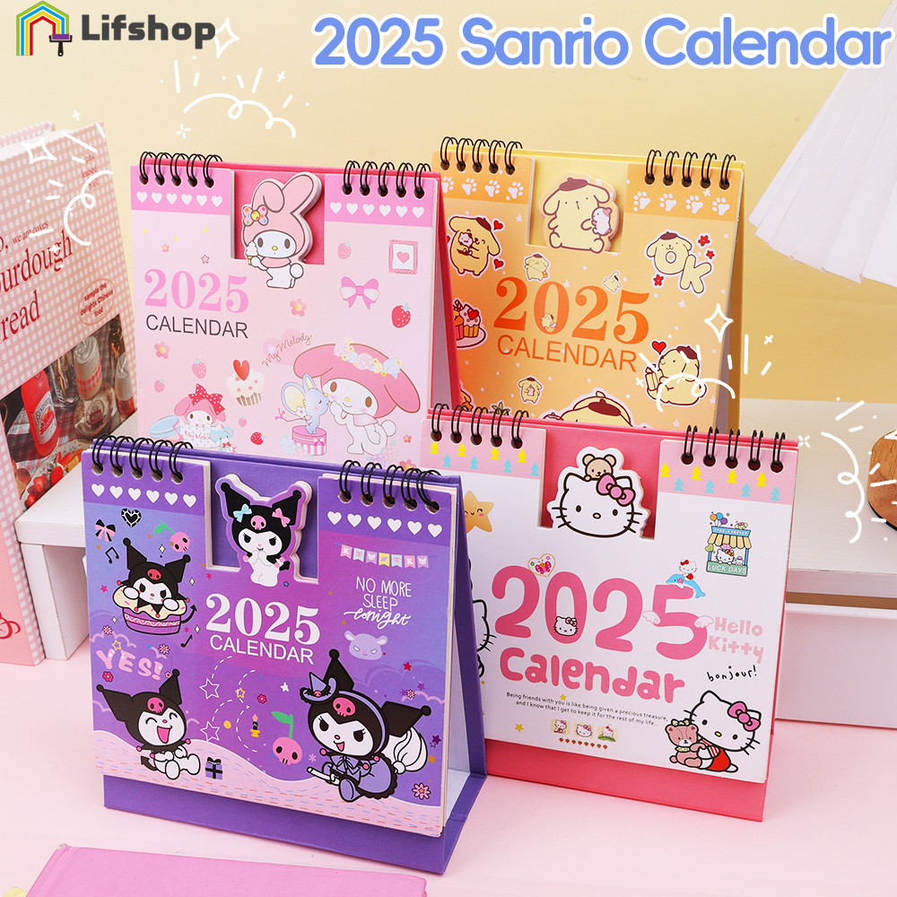 SANRIO ยืนปกขดลวด ปฏิทินตั้งโต๊ะ-รายปีวางแผนรายวัน-ตกแต่งเดสก์ทอปสํานักงาน-ของขวัญปีใหม่เด็ก-นักเรียนอะนิเมะเครื่องเขียน-2025มินิอะนิเมะ ซานริโอ ปฏิทินตั้งโต๊ะ