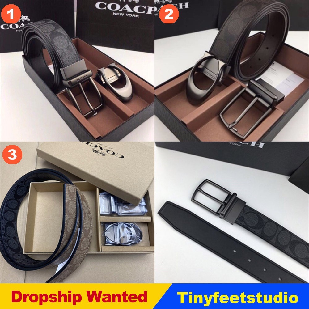 2024 ข้อเสนอพิเศษ Coach F64839 5951 Cut Size Double Buckle and Reversible Leather Signature Belt Mens Tali Pinggang Belt