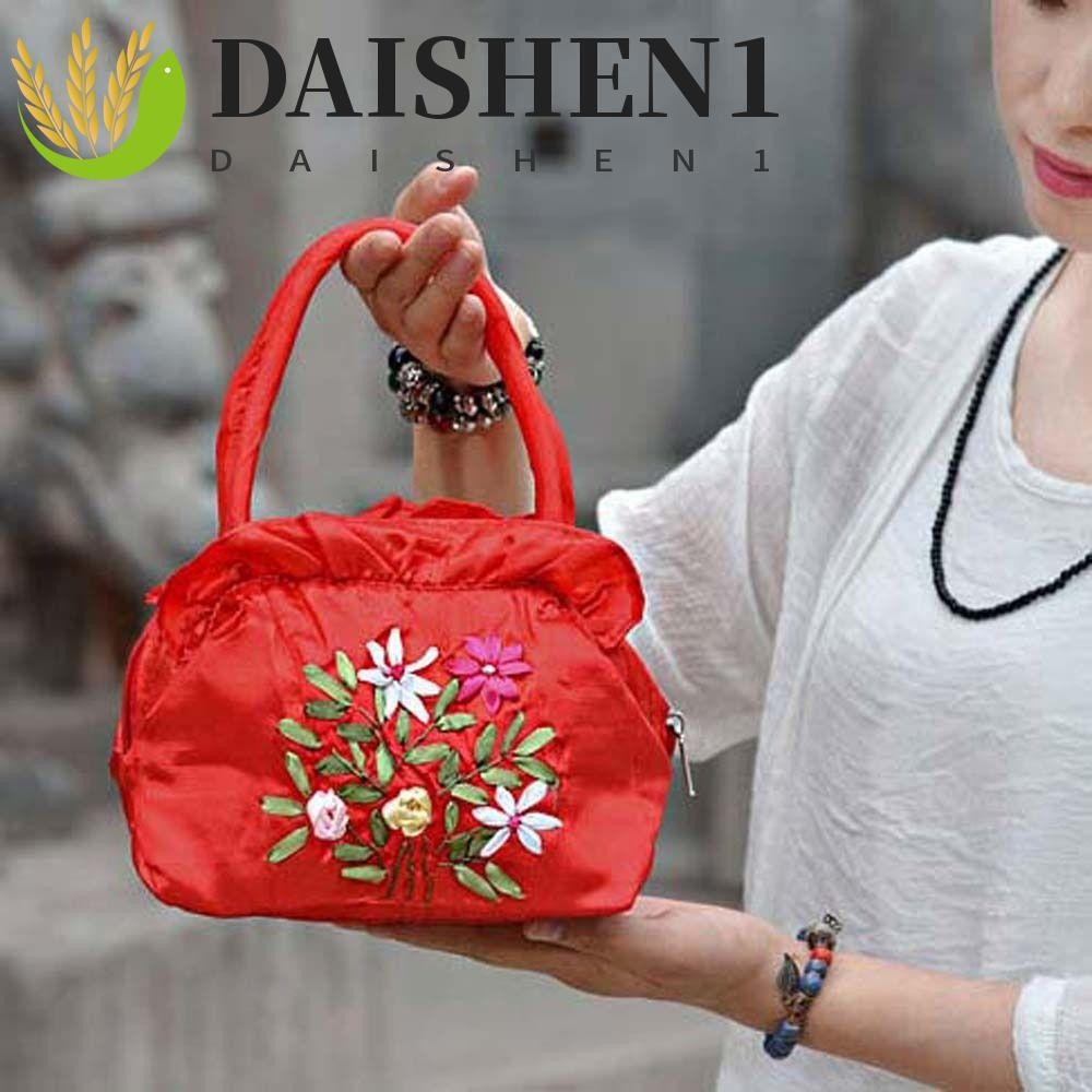 Daishen1 กระเป๋าถือ กระเป๋าสตางค์ กระเป๋าใส่โทรศัพท์ มีซิป ปักลายดอกไม้ แฟชั่นสําหรับสตรี
