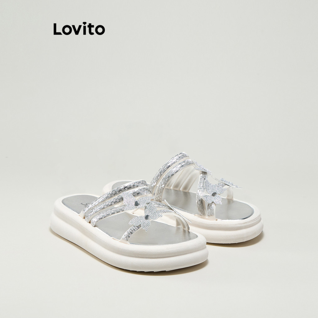 Lovito รองเท้าแตะผู้หญิง รองเท้าเดินชายหาด แต่งผีเสื้อ ประดับไรน์สโตน น้ำหนักเบา และสวมใส่สบาย สีพื้น สไตล์ลำลอง LFA43595