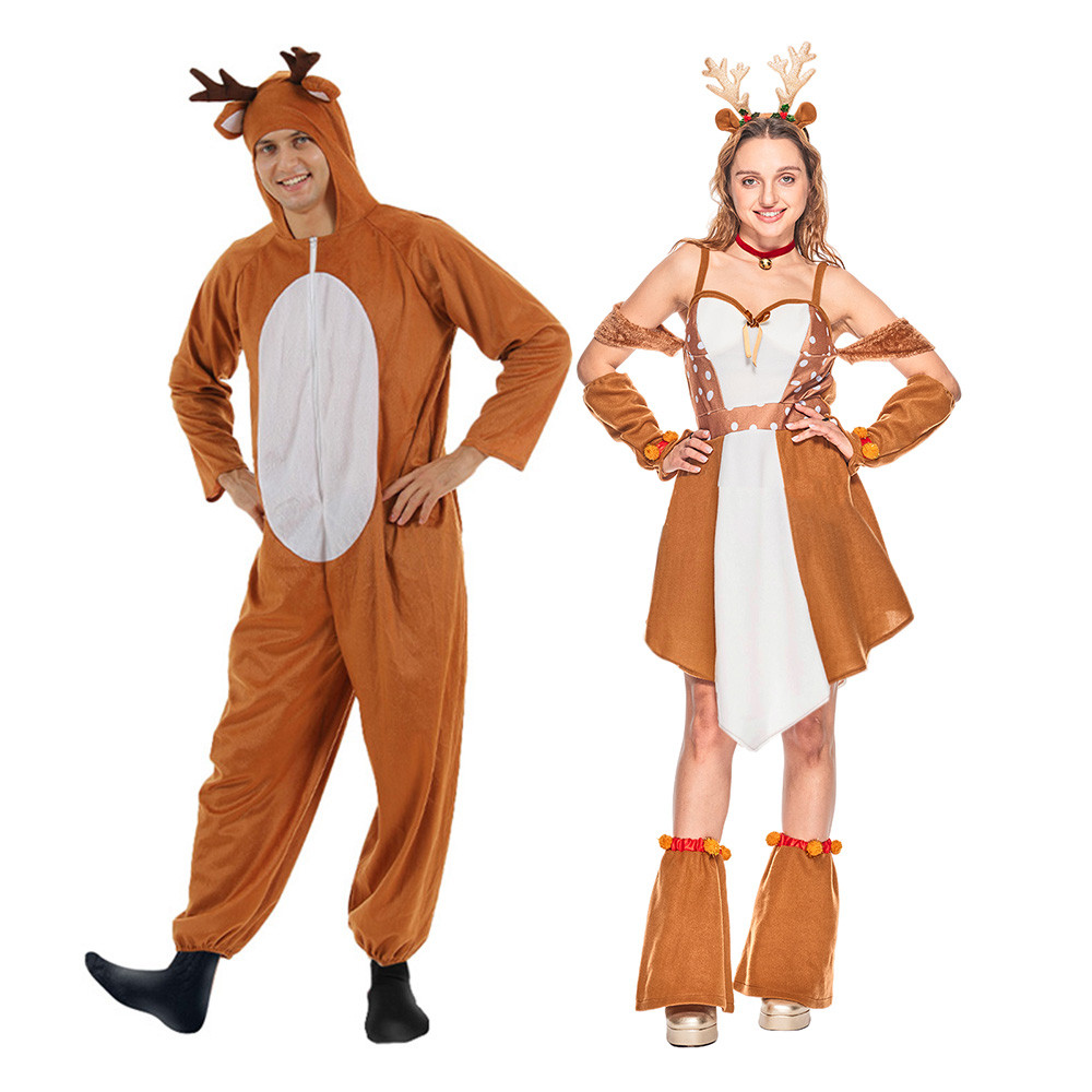 ❤พร้อมส่ง❤ชุดกวางคริสต์มาสน่ารักสำหรับผู้หญิง ผู้ใหญ่คู่คริสต์มาสกวางเรนเดียร์มาสคอตเครื่องแต่งกาย ครอบครัวคริสมาสต์ Elk คอสเพลย์ชุด สัตว์ฮาโลวีน Onesie ปาร์ตี้แต่งตัวเกม