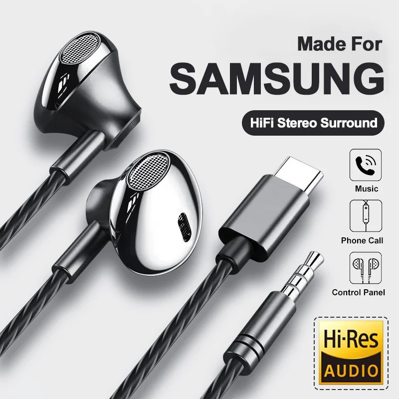 Usb Type C หูฟัง HiFi Bass ระบบควบคุมระดับเสียงไมโครโฟน 3.5 มม.หูฟังแบบมีสายสําหรับ Galaxy S24 S23 S