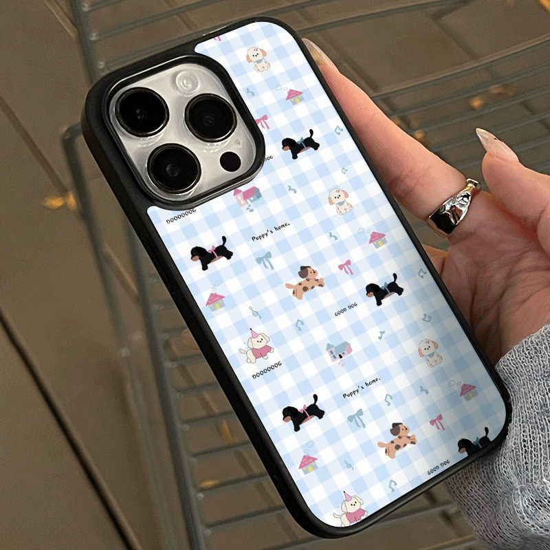 Blue Lattice Dachshund Dog อะคริลิคขอบสีดําพื้นผิวเงาเหมาะสําหรับ Apple 16 เคสโทรศัพท์ iPhone15ProMax14Pro13 เคสป้องกัน 12mini78 กันกระแทก iPhone13