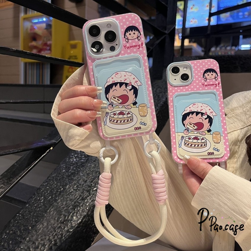 Chibi Maruko-chan เข้ากันได้กับเคสไอโฟน 16 11 13 15 XR 14 12 Pro Max 7 15 8 14 Plus X XSMax SE เชือกกระเป๋าสตางค์บัตรเคส