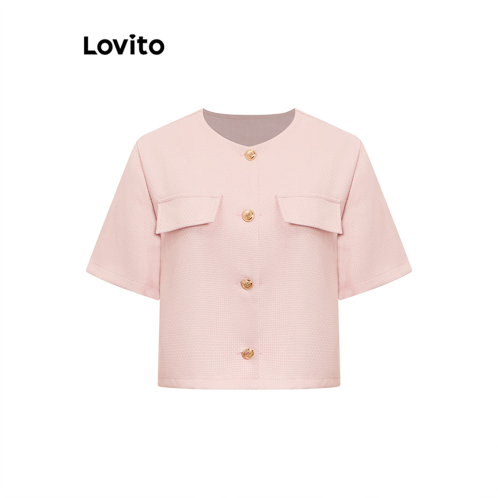 Lovito เสื้อแจ็กเก็ตกระเป๋าหน้าปลอมกระดุมธรรมดาน่ารักลำลองสำหรับผู้หญิง L102AD013