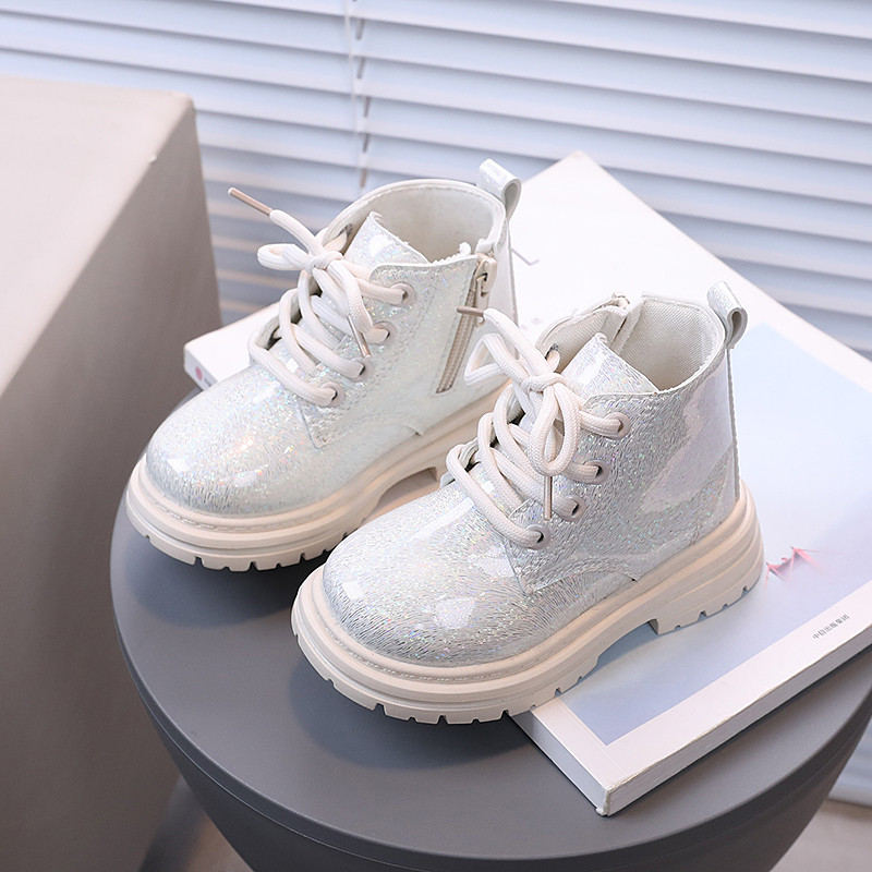 สีทึบเด็กทารก Pearlescent สิทธิบัตรหนังสั้น Martin Boots Lace-up ซิปกันน้ํา Anti-slippery รองเท้าเด็ก 2-6 ปี