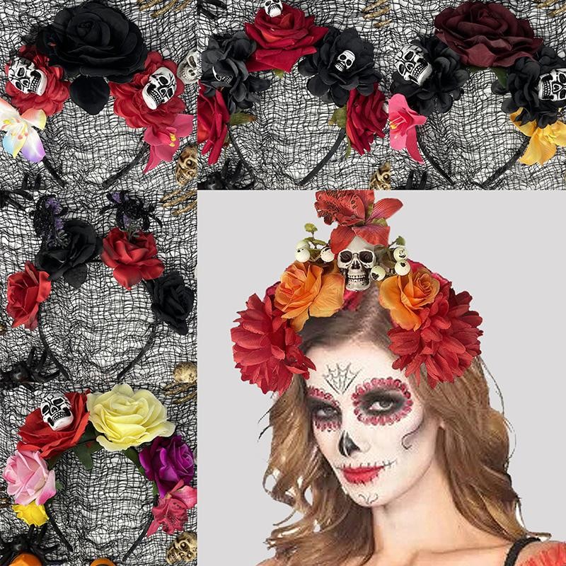 Lishu ปาร์ตี้ฮาโลวีนอุปกรณ์เสริมผมจําลองดอกไม้ Skull Head ตกแต่งผม Hoop เทศกาล Headwear สําหรับผู้หญิง th