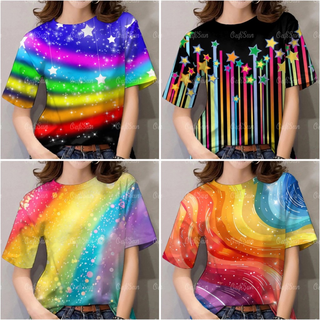เสื้อยืดสายรุ้งสําหรับผู้หญิงเสื้อแขนสั้นพิมพ์ลายดาวสีสันสดใสแฟชั่นสตรีทขนาดใหญ่เสื้อสวมหัว
