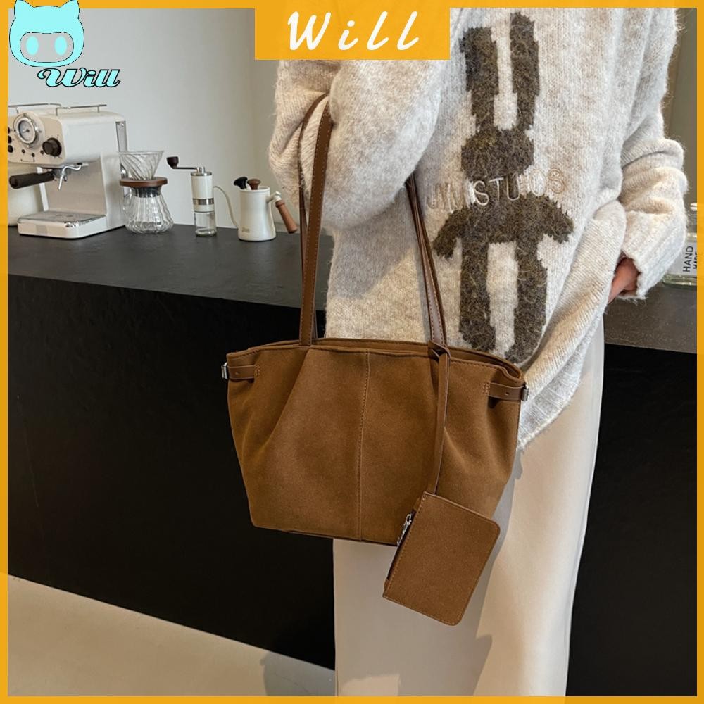 Women Suede Shoulder with Inner Pocket Tote Satchel for Work Travel Bag