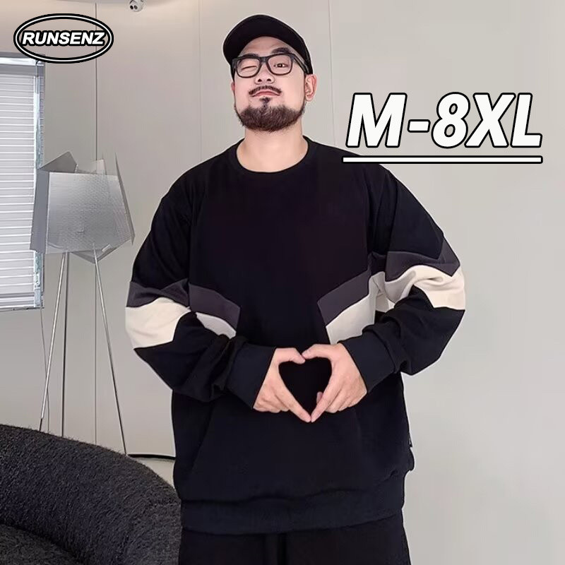 Xxl-8xl เสื้อยืดแขนยาวบล็อกสีเกาหลีผู้ชายระดับไฮเอนด์หลวมหลวมพลัสขนาดด้านบน