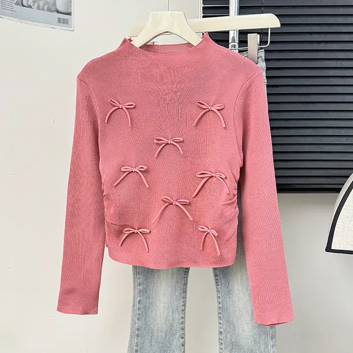 เสื้อถักแขนยาวผูกโบว์คอกลมสไตล์เกาหลีสําหรับผู้หญิง