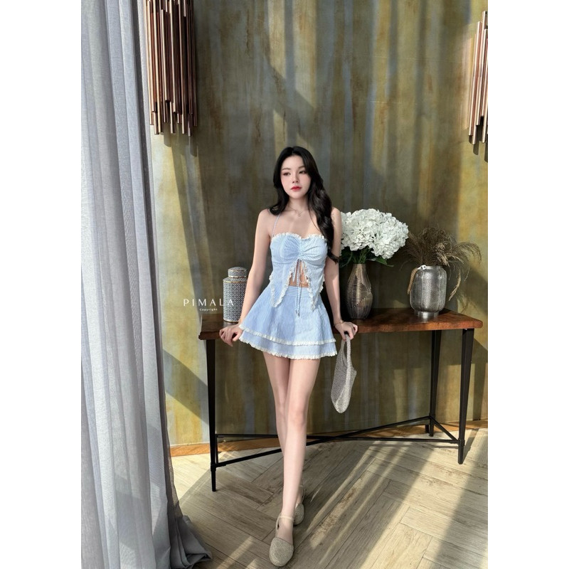 (พร้อมส่ง) pimala131 ทรงนี้ใส่แล้วบอดี้สวยอกรูดปรับผูกให้น่ารักมาพร้อมกับกระโปรงสองเลเยอร์เข้าเซ็ทกัน