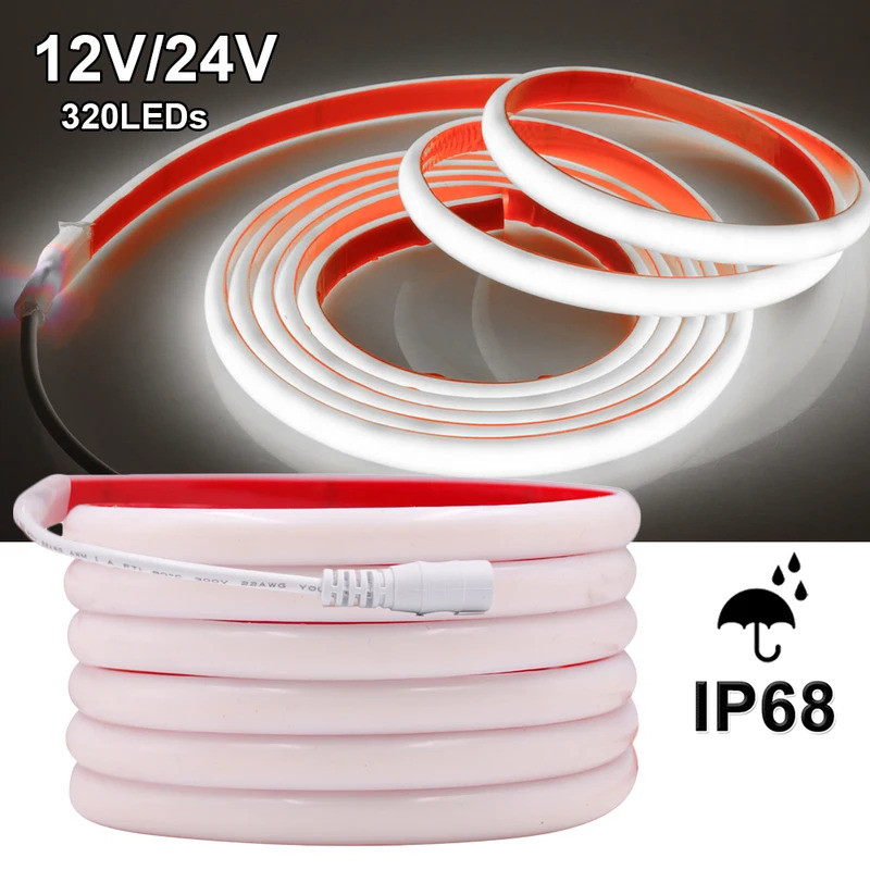 IP68กันน้ำ cob LED Strip Neon Light 12V 24V 320 leds/m เทปริบบิ้นยืดหยุ่น ra90ความหนาแน่นสูง Liner แสง3000K-6000K