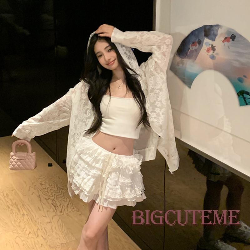 []-ผู้หญิงลูกไม้ ชม. เสื้อฮู้ด แขนยาวซีทรูถนนสบายๆทนกว่า
