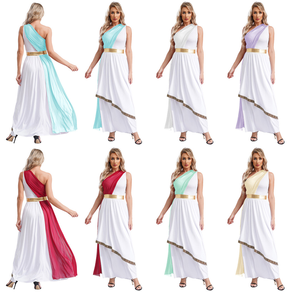 Choomomo สตรีโบราณกรีกสรรเสริญชุดเต้นรําหนึ่งไหล่ชีฟอง Overlay Vintage Trim Tunic ชุดสําหรับฮาโลวีนคอสเพลย์