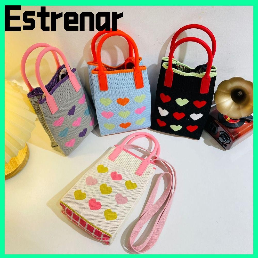 Estrenar Knot Wrist Bag, Love Heart กระเป๋าถือถักความจุสูง, แฟชั่นมินิถักกระเป๋าโทรศัพท์ผู้หญิง