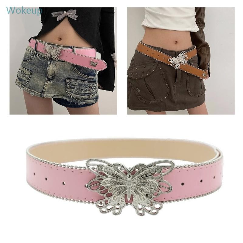 PU Leathers Belt Pin Buckle Belt Y2K Butterfly Buckle Wide Belt Adult Waistband