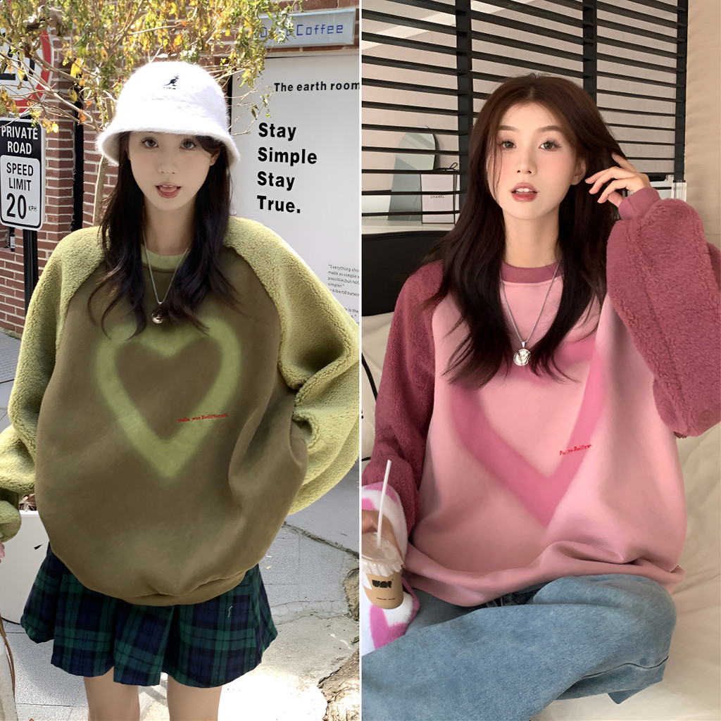 Aurora Charm เสื้อสเวตเตอร์ผู้หญิง แขนยาว ลายหัวใจ สไตล์เกาหลี ทรงหลวม ใส่สบาย
