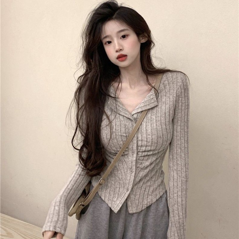 LINNA สีทึบ ถัก แขนยาว เสื้อเชิ้ต สลิมฟิต เวอร์ชั่นเกาหลี สไตล์ใหม่