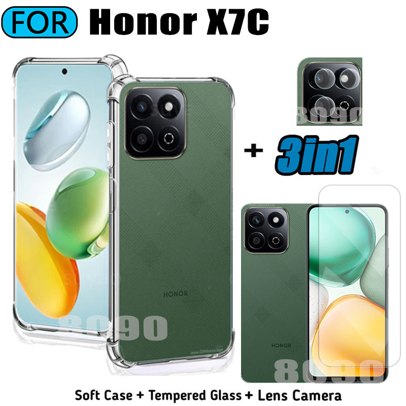3in1 Honor X7C เคสโทรศัพท์แบบนุ่มโปร่งใส Honor X7B X8B X6B กระจกนิรภัย + ฟิล์มเลนส์กล้องด้านหลัง