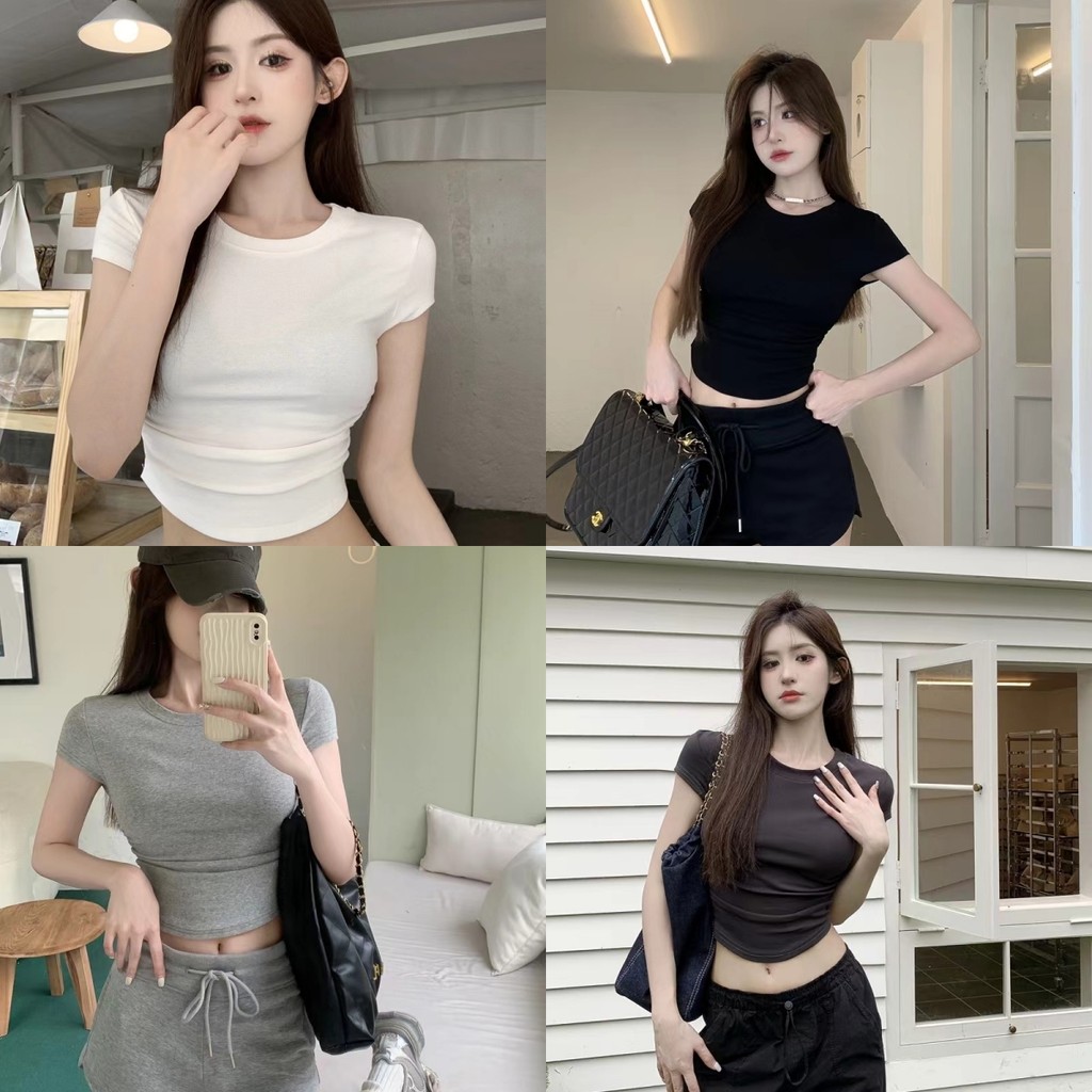 🍉Evelyn🍉เสื้อยืดผู้หญิง คอกลม แขนสั้น ผ้านิ่ม ยืดเสื้อครอป สีพื้น สไตล์ลำลอง ใส่สบาย แฟชั่น
