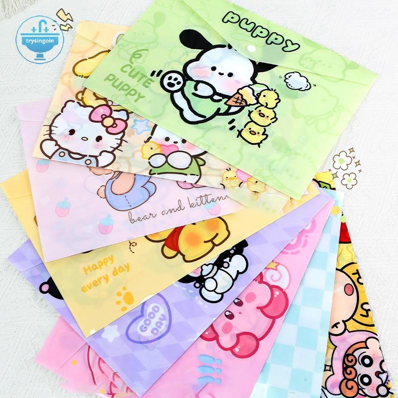 [strysingoin] Sanrio Cute Kitty A4 Button File Bag กันน้ําการ์ตูน Shin-chan Paper Storage Bag School Office Supplies Pen Box Storage Bag TH