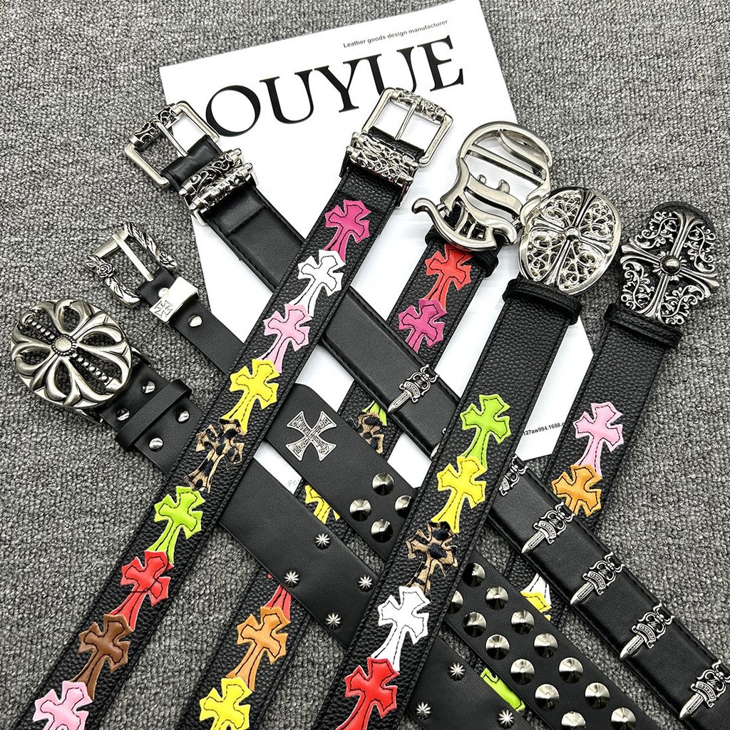 Chrome HEARTS เข็มขัดข้ามสีสันสดใส Hollowed Out Retro Punk Gothic Rock อุปกรณ์เสริม, Street Hip-Hop Rivets, Vines เข็มขัดคู่, ของขวัญวันวาเลนไทน์หรูหรา 9813