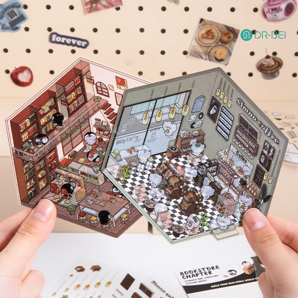 Dr.bei 4 ชุด DIY 3D House สติกเกอร์แหนบบรรเทาความเครียดสติกเกอร์ภูมิทัศน์ Sun Room Library Cat Cafe 