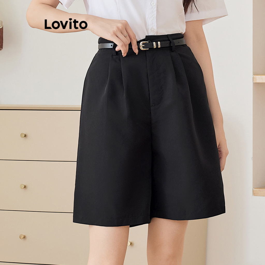 Lovito กางเกงขาสั้นสีพื้นเรียบๆ สำหรับผู้หญิง L108ED156