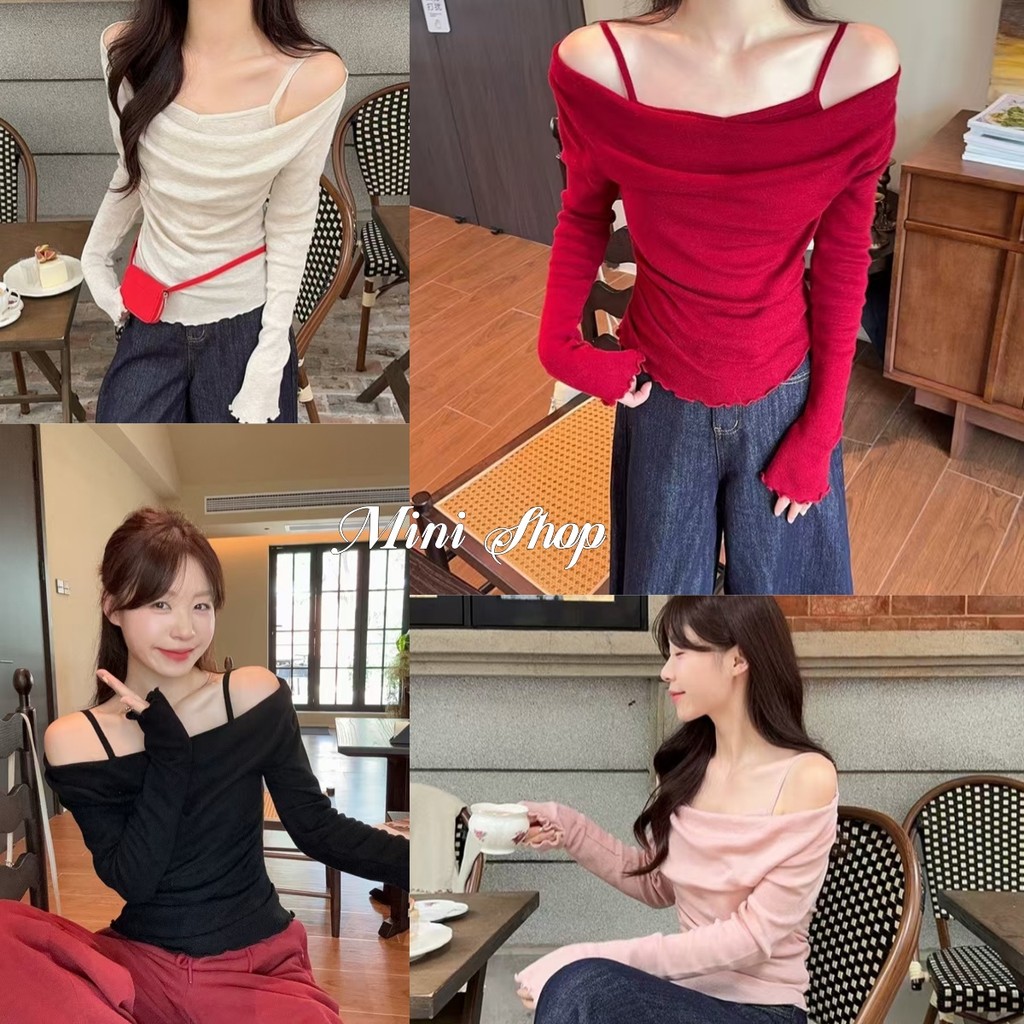 Mini shop🌸พร้อมส่ง🌸 (Z-CD15)เสื้อเปิดไหล่ไหมพรม แขนยาว สีพาสเทลน่ารักมากๆ ใส่ง่ายสบาย เซ็กซี่ เสื้อยืดแฟชั่นเกาหลี