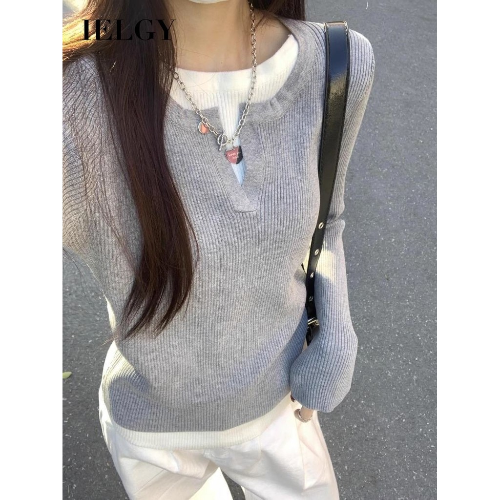 IELGY เสื้อสเวตเตอร์ถักนิตติ้งผ้าเย็บปะติดปะต่อกันแบบหลวมและอเนกประสงค์ของผู้หญิงสีเทาด้านบน