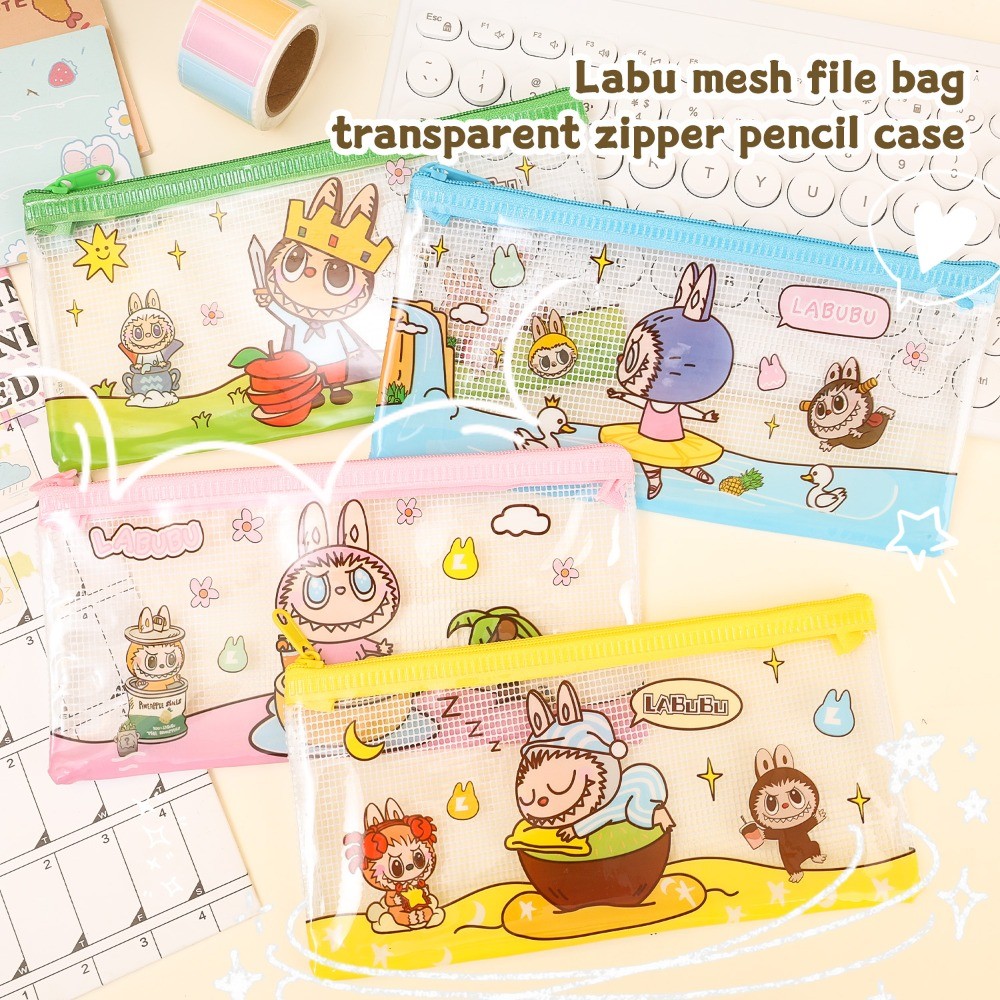 Labubu Mesh File Bag - โปร่งใส กันน้ํา - อุปกรณ์การเรียนในสํานักงาน - กระเป๋าดินสอซิปการ์ตูน - อุปกรณ์จัดเก็บข้อมูลเครื่องเขียนนักเรียน