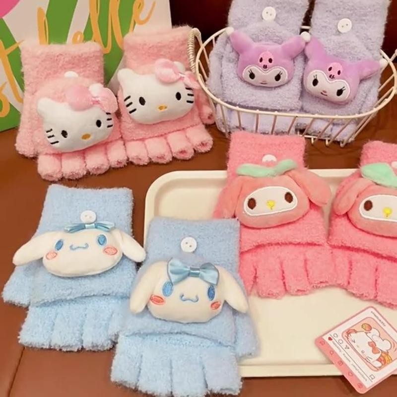 Outdoorspace>hello Kitty Sanrio Cinnamoroll KuromiฤดูหนาวPlushพลิกถุงมือเพื่อให้อบอุ่นและเย็น-Proofสาวน่ารักการ์ตูนถุงมือFingerlessใหม่