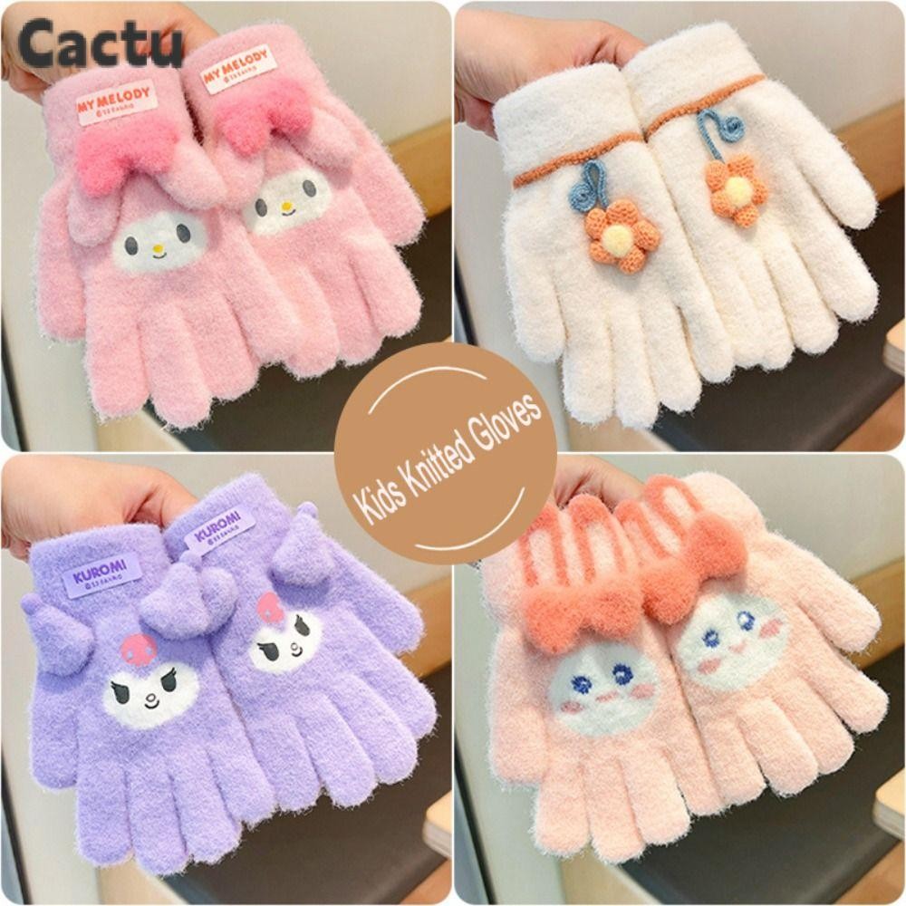 Cactu เด็กเต็มนิ้วถุงมือ,น่ารักการ์ตูน Kuromi ฤดูหนาว Warm เด็กถักถุงมือ,แฟชั่น Plush กีฬากลางแจ้งถุงมือกันลมหนาสําหรับ 3-12 ปี