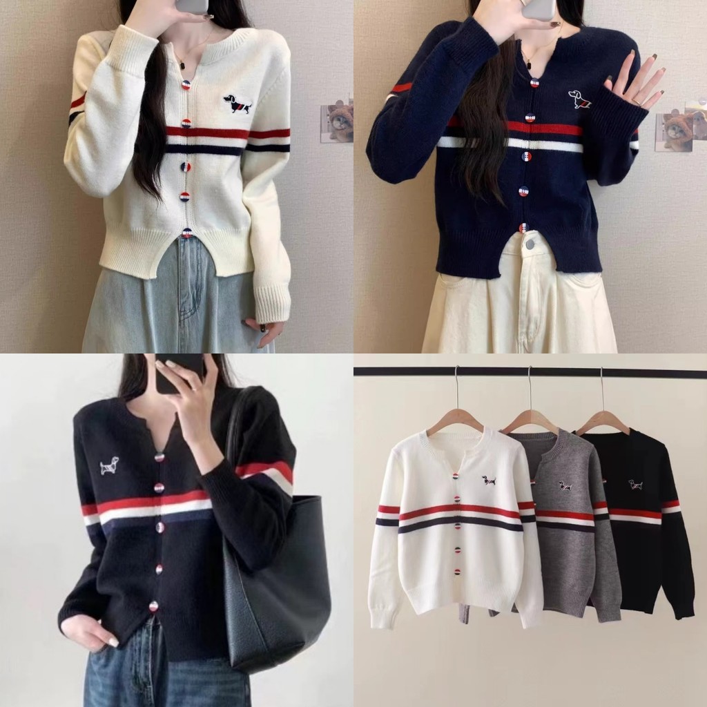 Soroh เสื้อไหมพรม แขนยาว คอวี กระดุมหน้า ลายเส้นตัดกัน คาร์ดิแกน สไตล์ลำลอง สีพื้นเรียบหรู #Z-X87