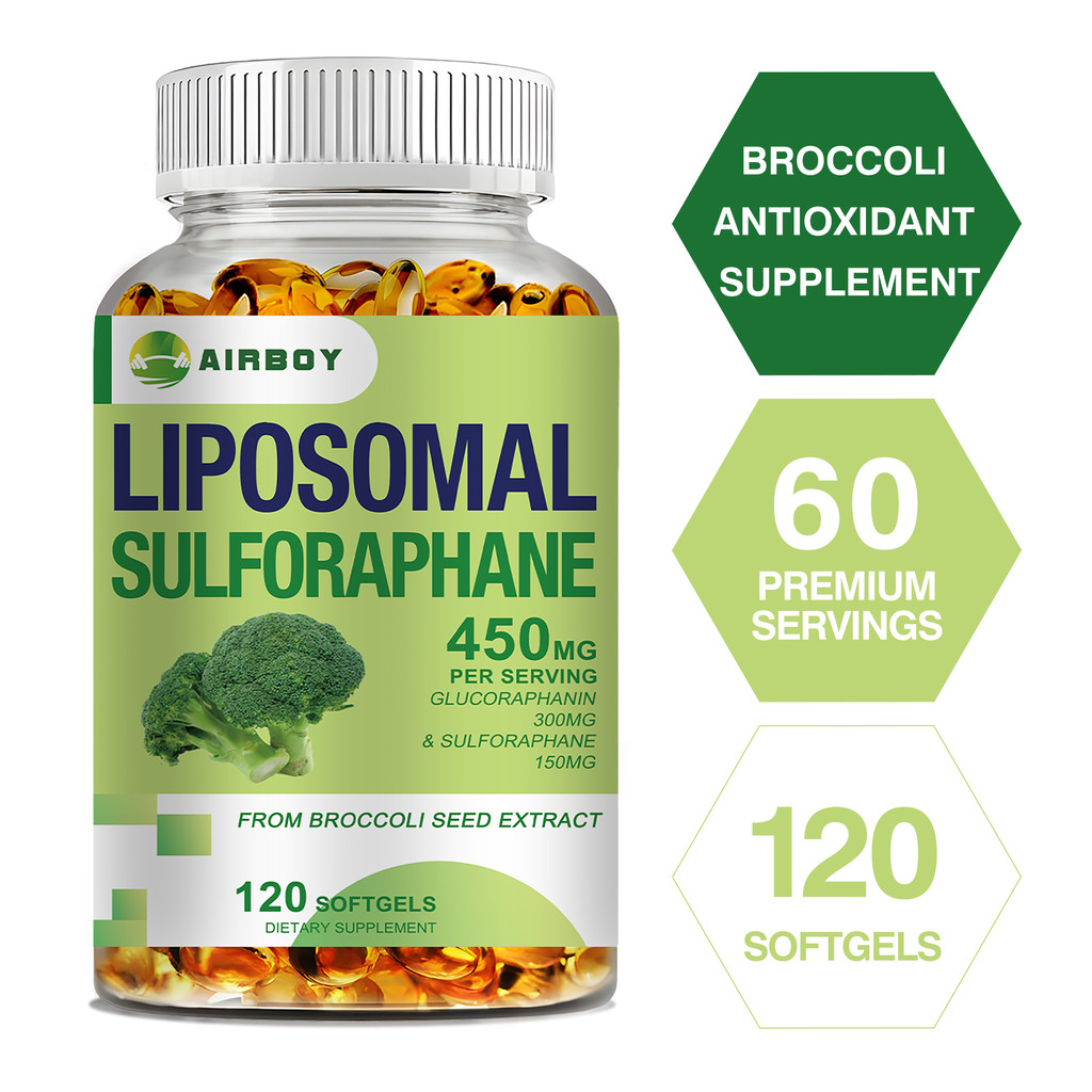 Airboy Liposomal Sulforphane 450MG แต่ละที่ให้บริการประกอบด้วย glycine glucosinolate และ 150 มก. ของซัลฟอร์phane