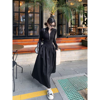 เดรสยาวคอปกสีดำ ซิปหน้าอกรูดขึ้นเป็นคอเต่าได้ ดีเทลเสื้อต่อกระโปรงทรงเอจับจีบ เดรสใส่ไปเที่ยว #9219
