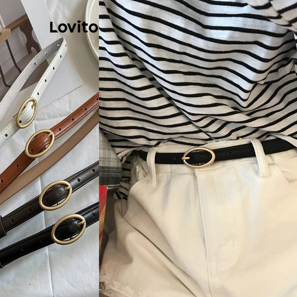 Lovito เข็มขัดผู้หญิง หัวทรงเรขาคณิต สีเรียบ สไตล์ลำลอง LFA26087
