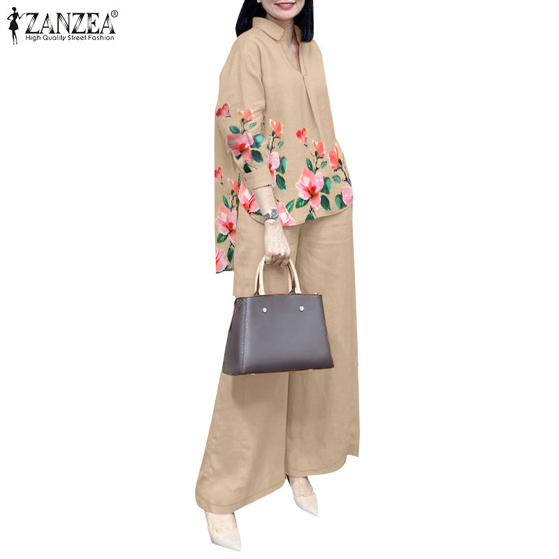 ZANZEA ใส่ ซานเซีย ผู้หญิงเกาหลีพิมพ์เปิดลงปกโคมไฟแขนปุ่มข้อมือชุดสองชิ้น
