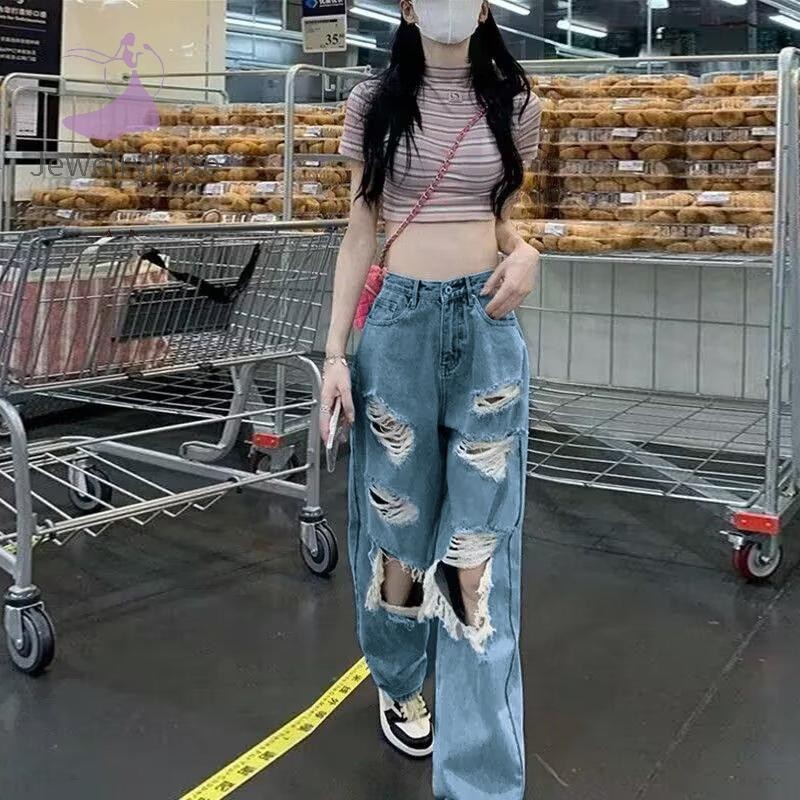 [jewelrybase] แฟชั่นและเซ็กซี่ High Street เอวสูงขากว้างขนาดใหญ่ Ripped กางเกงยีนส์ตรงสําหรับผู้หญิง Boutique