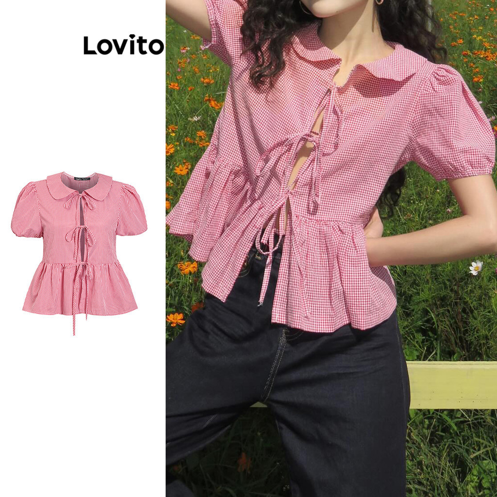 Lovito เสื้อเบลาส์ผูกโบว์ ลายกิงแฮมน่ารักสำหรับผู้หญิง 102AD002
