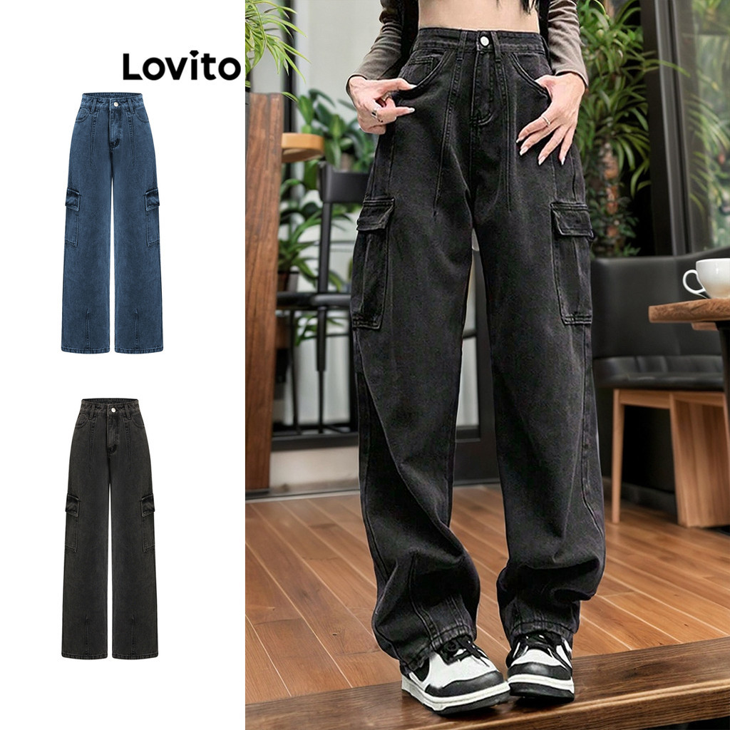 Lovito กางเกงยีนส์ผู้หญิง มีโครง แต่งกระเป๋า ผ้าฟอก สีพื้น สไตล์ลำลอง L80ED001(หลากสี)