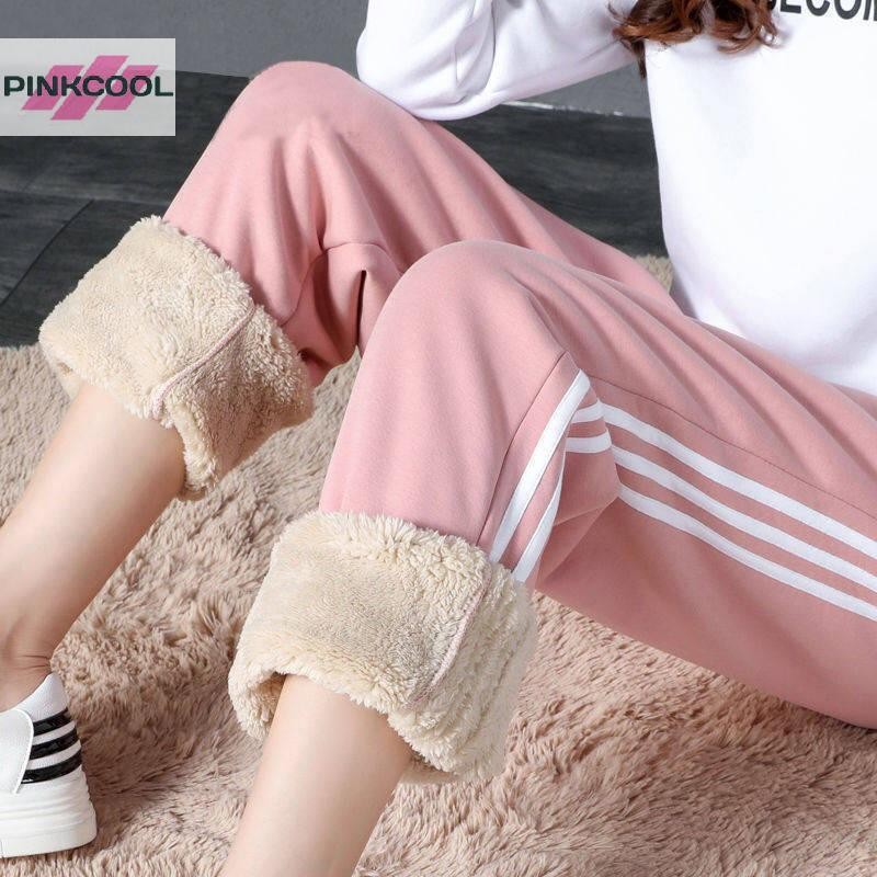 Pinkcool ฤดูหนาวแคชเมียร์อบอุ่นและหนา Lamb Cashmere หลวมกางเกงขากว้างลําลองสําหรับผู้หญิง HOT
