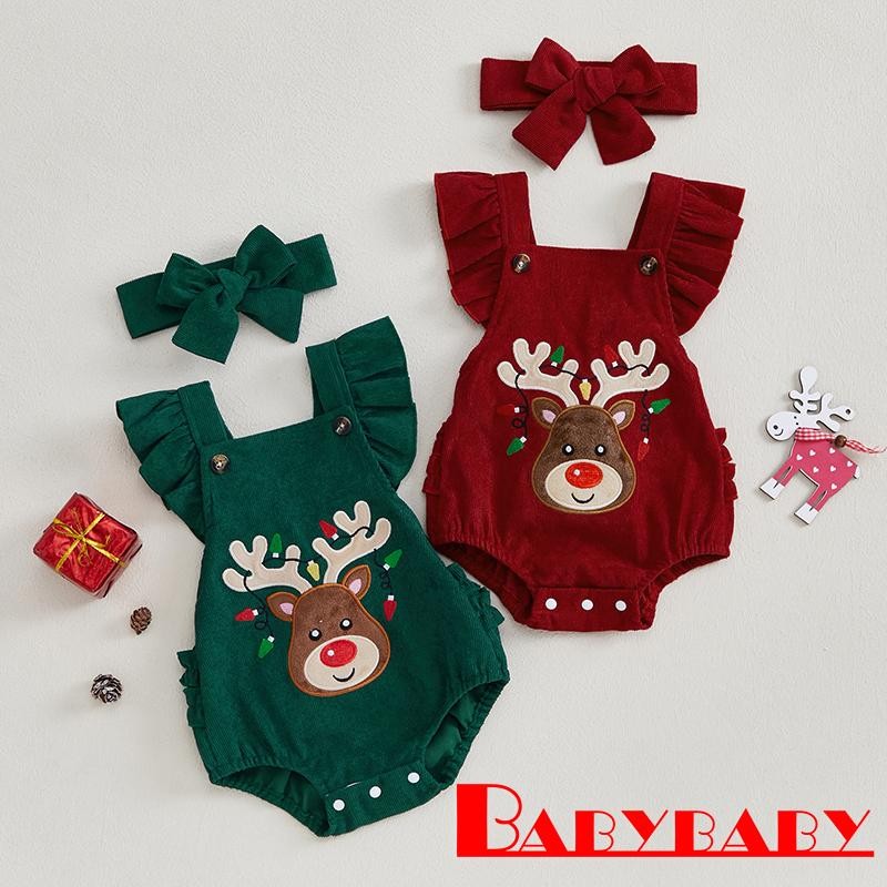 Bab-baby Girls Christmas Jumpsuit Flying Sleeve Elk เย็บปักถักร้อย Rompers พร้อมแถบคาดศีรษะ