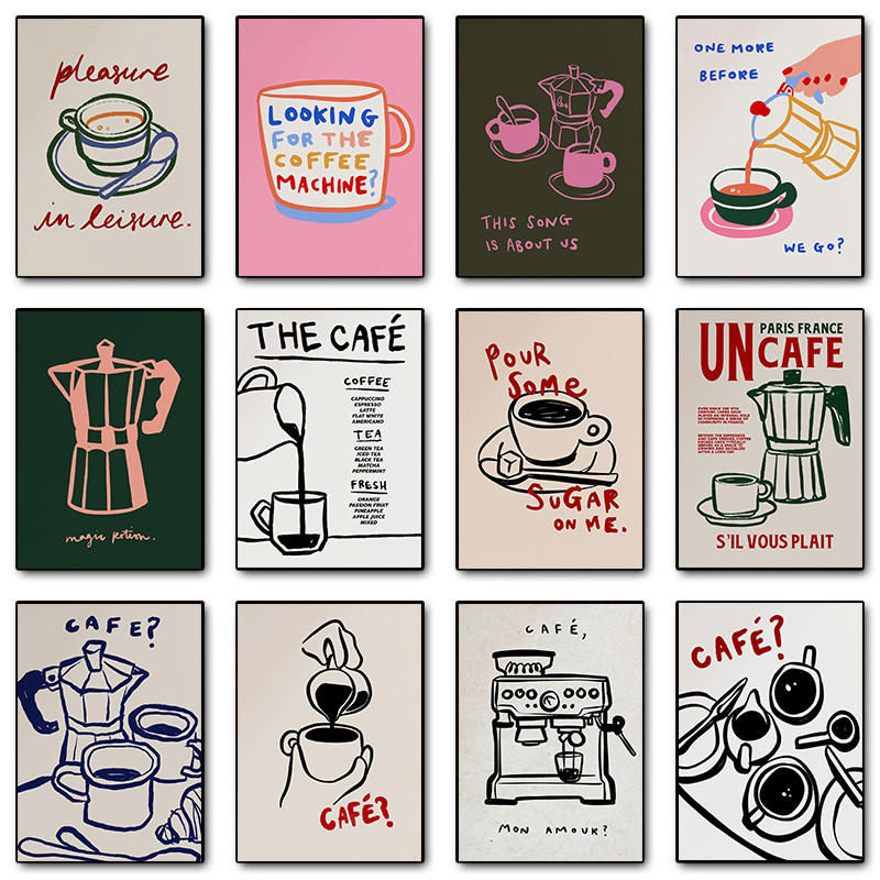 (พร้อมกรอบ) Cafe Mon Amour เครื่องชงกาแฟอินเทรนด์ห้องครัวโปสเตอร์พิมพ์ Wall Art ภาพผ้าใบภาพวาดห้องนั่งเล่นห้องนอนตกแต่งบ้าน