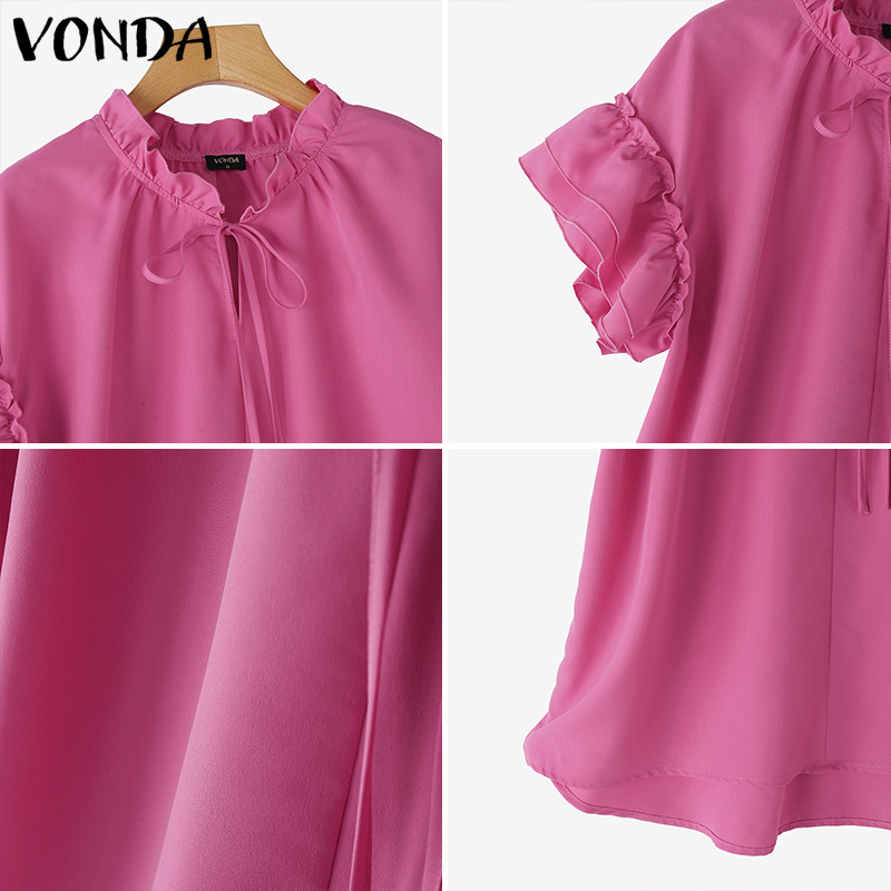 Vonda ผู้หญิงเกาหลีลําลองรอบคอ Ruffle แขนสั้น Lace Up Blouse — صورة 8