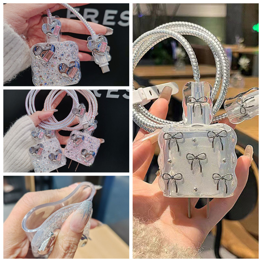 ชุด 5 ชิ้น เหมาะสำหรับ เคสสายชาร์จ USB ลายหัวใจน่ารัก 3D สีเงิน สําหรับ IPhone 18W-20W