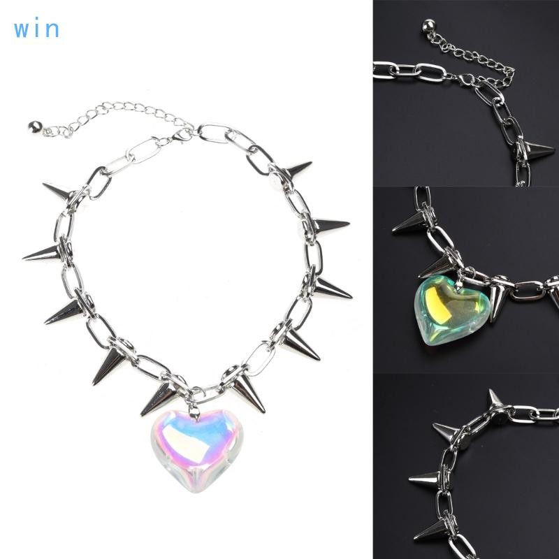 Win Heart Pendant Necklace Rivets Choker Clavicle Chain Y2k Jewelry Family-Decor