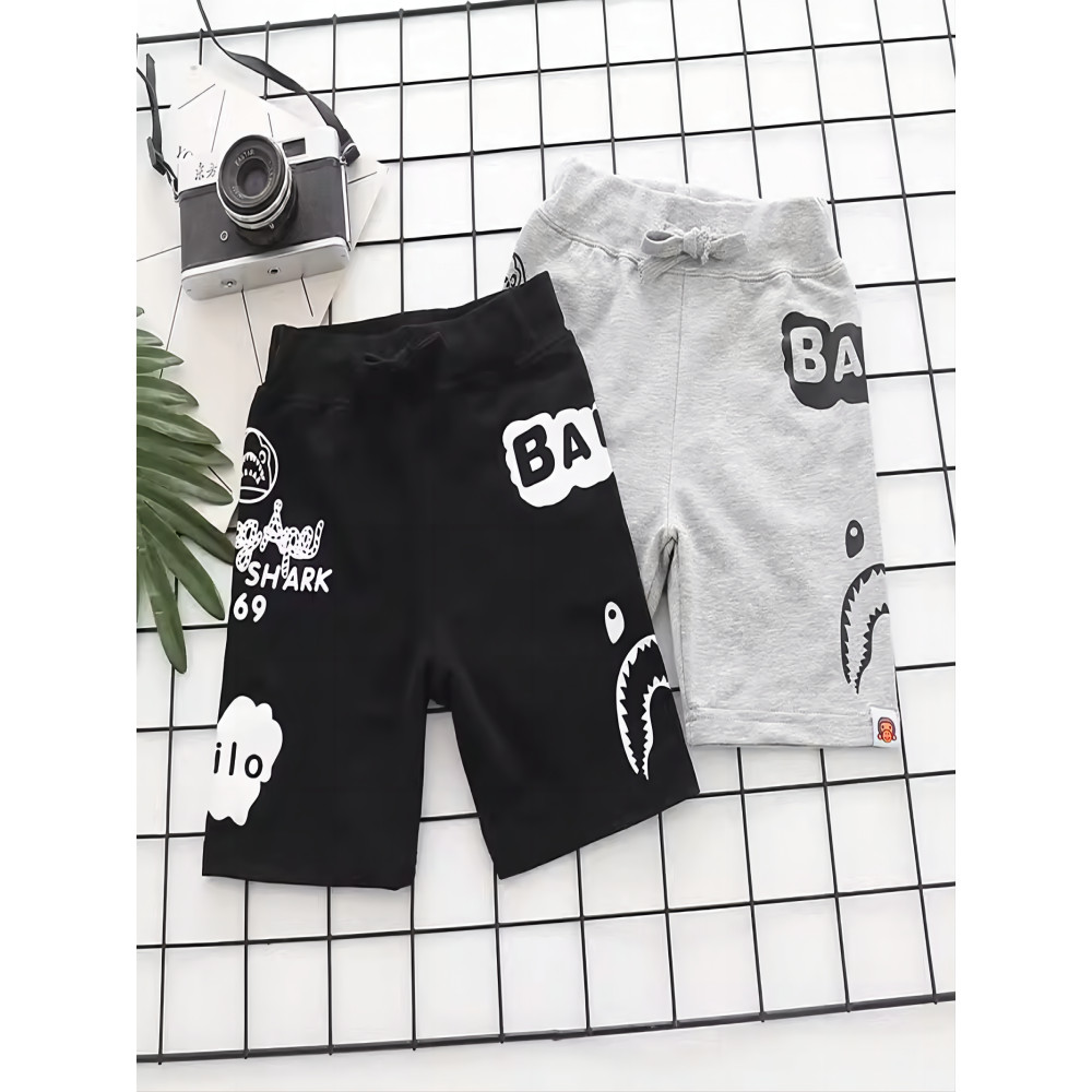 ชุดเด็กสไตล์ญี่ปุ่น Bape ฤดูร้อน สำหรับเด็กชายและเด็กหญิง ผ้าฝ้ายแท้ พิมพ์ลาย กางเกงขาสั้นอเนกประสงค