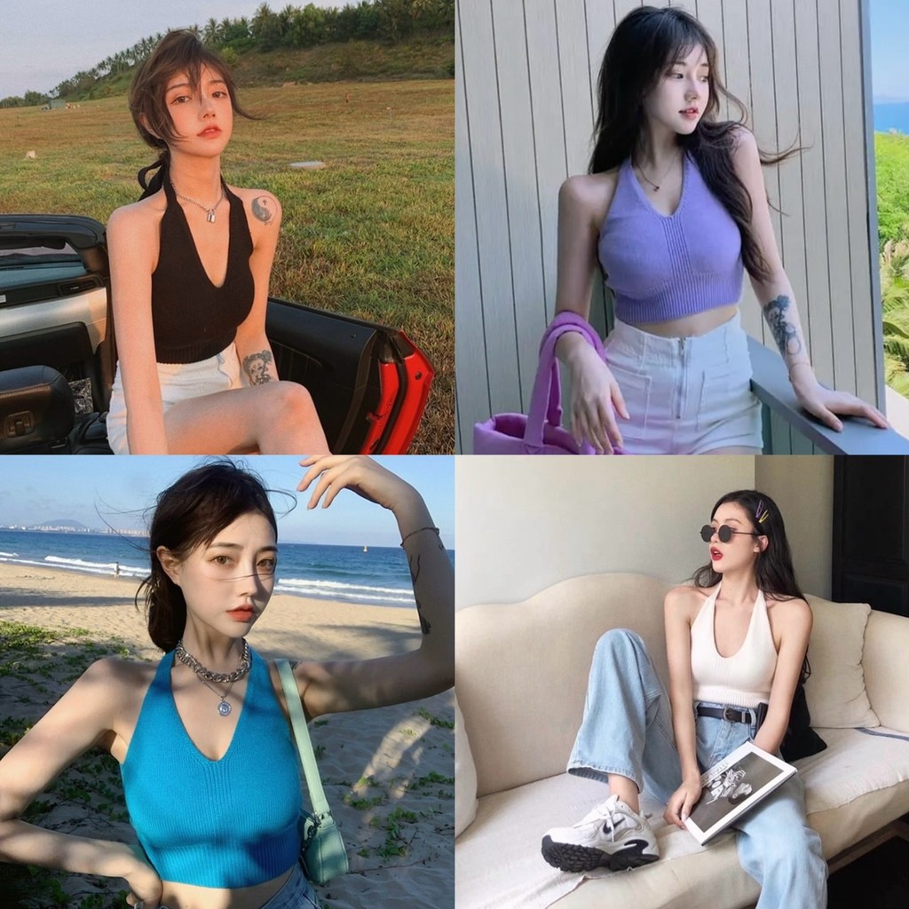 🌀MKL🌀พร้อมส่ง สายเดี่ยวผูกคอโชว์หลัง สายเดี่ยวไหมพรมสไตล์เกาหลี 4สี#0362